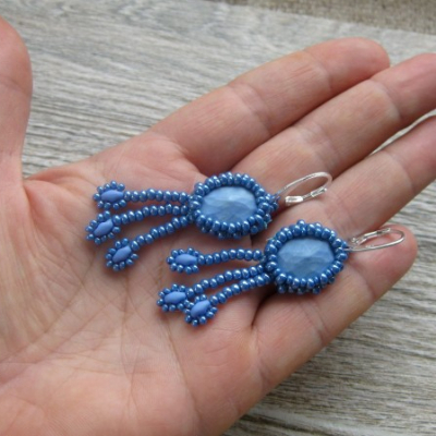 Náušničky šité so strapčekmi modré - striebro 925, č. 2843