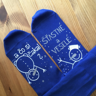 Maľované vianočné modré ponožky s textom: 