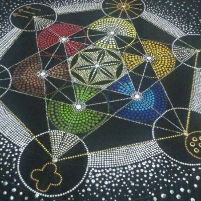 Mandala Metatronova kocka so symbolmi skutočnosti