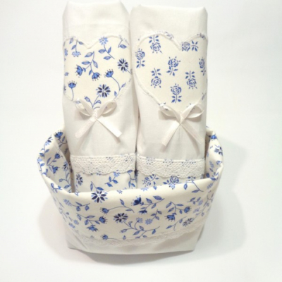 Bavlnené utierky modrotlač s krajkou + košík na pečivo 