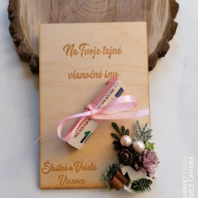Vianočné drevené pohľadnice na finančny dar  _ružove 