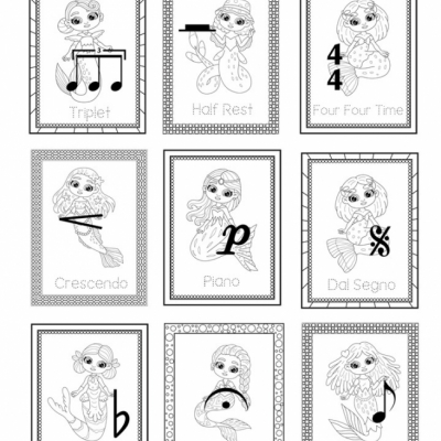 Mermaids With Music Symbols - coloring and tracing book