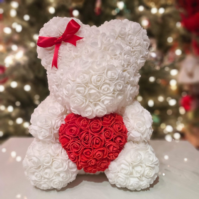 40cm Biely Medvedík z ružičiek darčekovo zabalený s vôňou vanilky