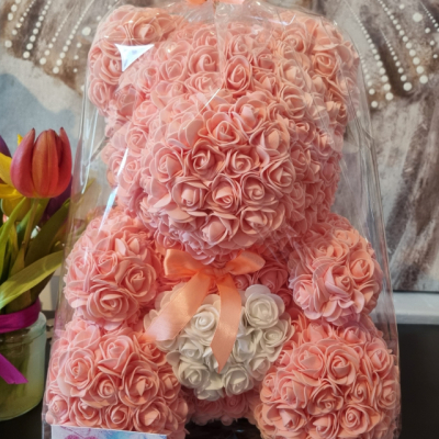 40cm Broskyňový Medvedík z ružičiek darčekovo zabalený s vôňou melónu