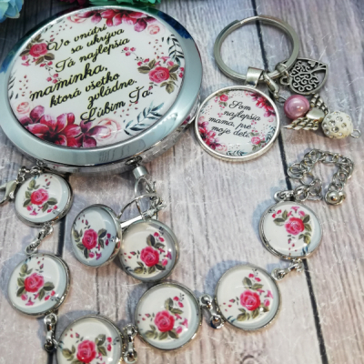 Bižutérny darčekový set zrkadielko, náušnice, kľúčenka, náramok na deň matiek