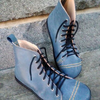 Kožené barefoot topánky modré vysoké 