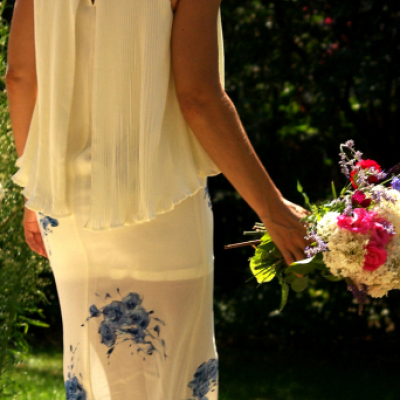 Ručne maľované krásne smotanové svadobné šaty 