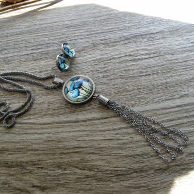 Sada šperkov - dlhý náhrdelník + napichovačky, nerezová oceľ (modré kvietky č. 3734)