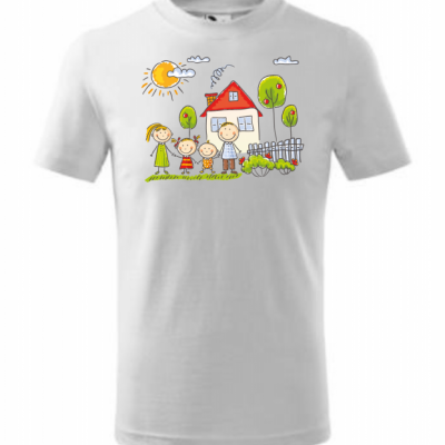Detské tričko s potlačou rodina pred domom.