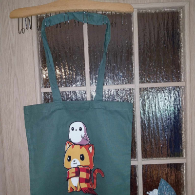 Nákupná bavlnená taška s dlhými ušami - tenšia (Šedo-zelená - Harry Potter Mačka )