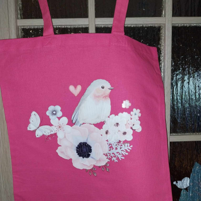 Hrubšia bavlnená nákupná taška s dlhými ušami ( Ružová  - Vtáčik )