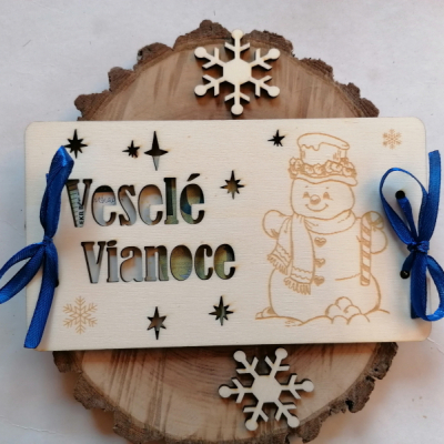 Vianočné drevené obálky na finančny dar  _snehuliak 