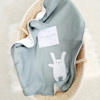 Jemnučká tenká mušelínová deka dark mint  65x90 so zajkom /biely wellsoft fleece 